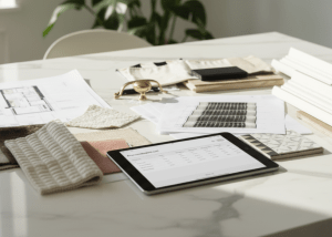 Interior Design Consultation in Progress, Sample board and documentation.